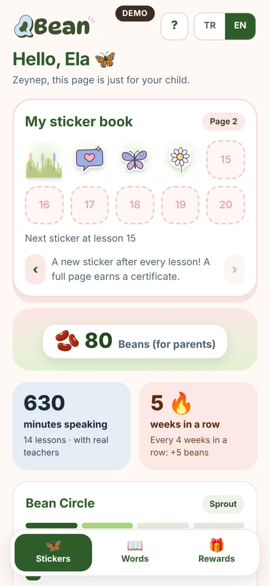 The sticker book in the kids version of the Bean app