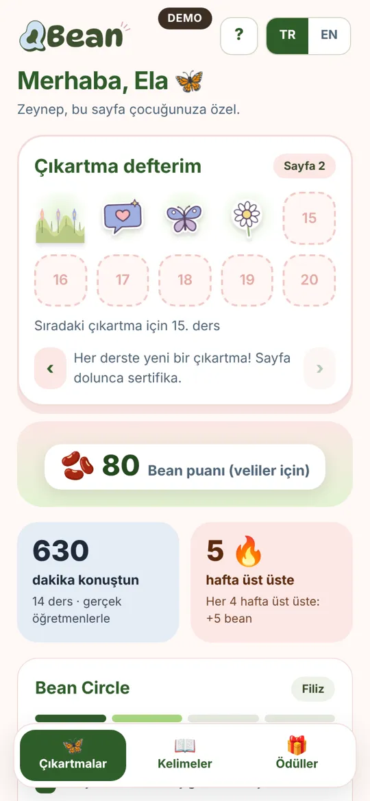 Bean uygulamasının çocuk sürümünde çıkartma defteri