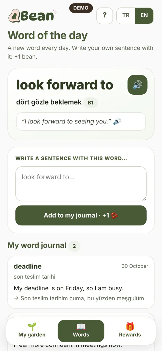 Word of the day in the Bean app