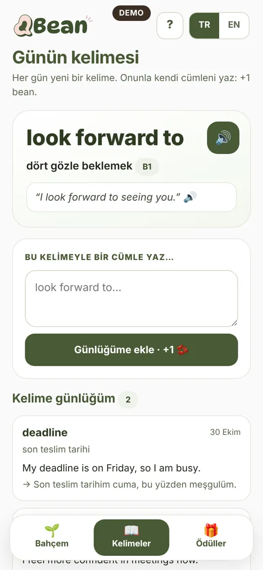 Bean uygulamasında günün kelimesi