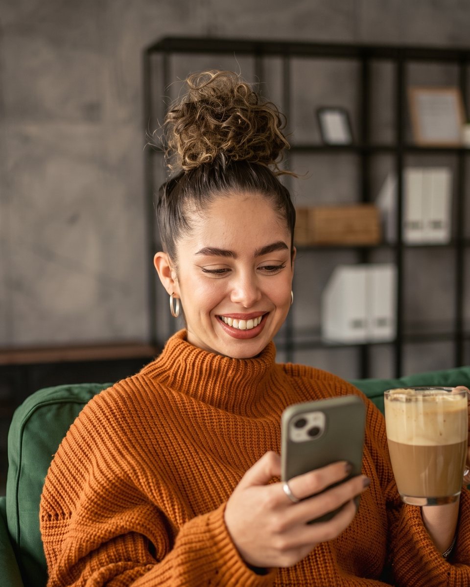 A smiling student on her sofa with a coffee, in a lesson on her phone